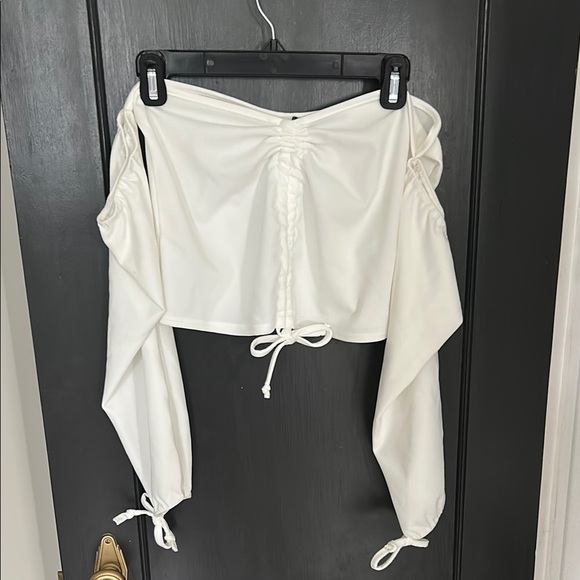 PrettyLittleThing Tops - PrettyLittleThing Cream Ruched Tie Front Crop Tube with attached Sleeves